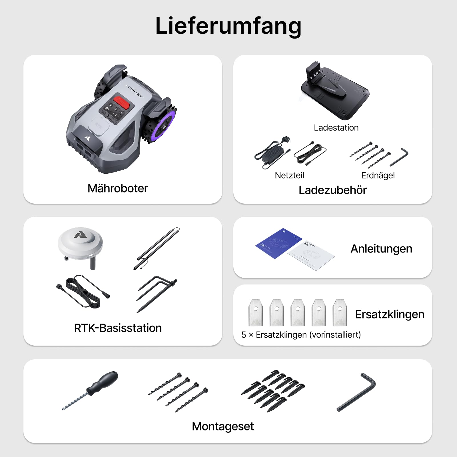 ANTHBOT M5 Mähroboter ohne Begrenzungskabel, Neuer Genie mit NRTK-Navigation & Dual-Vision, bis 500 m² (max. 700 m²), Schnitthöhe per App, KI-Hindernisvermeidung, Rasenroboter mit 45% Steigung