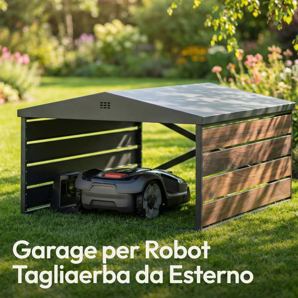 CASABEL Casetta per robot tagliaerba acciaio zincato, tetto a doppia falda | Protezione dalle intemperie, Acciaio zincato robusto, Tetto doppia falda, Riparo universale, Effetto legno, Montaggio facile