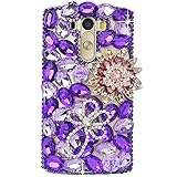 STENES LG K7 / LG Tribute 5 Case - 3D Handmade Crystal Pretty Flowers Sparkle Rhinestone Bling Cover For LG K7 / Tribute 5 / Escape 3 / Treasure/Phoenix 2 With Retro Anti Dust Plug - Purple