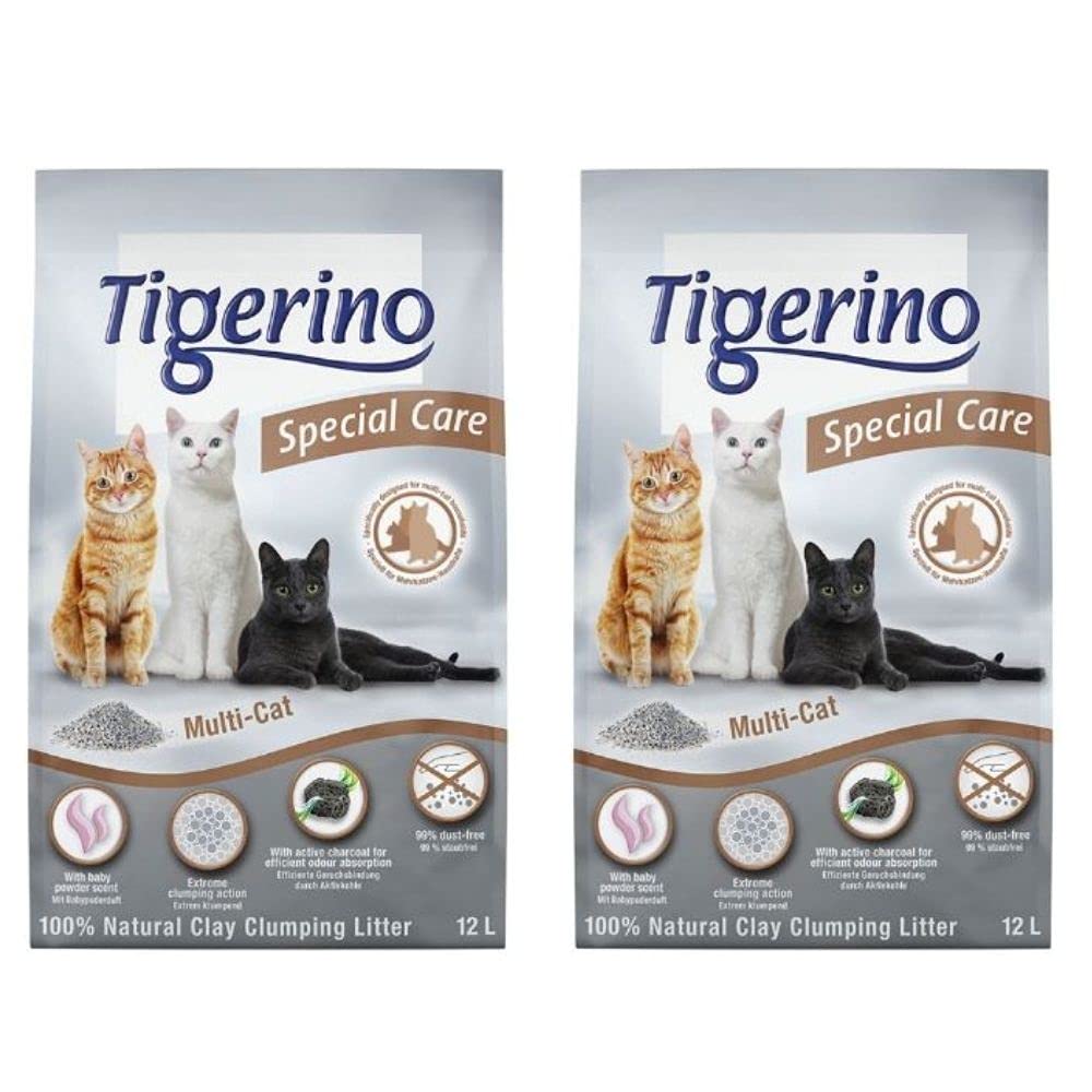 Tigerino Special Care Cat Litter - Multi-Cat 2x12L Clumping Litter Made From Natural Bentonite, With Fresh Baby Powder Scent Ideal For Multi-Cat Households, Virtually Dust-Free