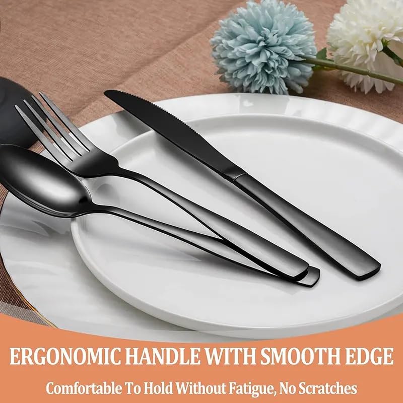 Image of aDai Charcoal Black Silverware Set, Satin Finish | 16-Piece Stainless Steel Flatware Set | Dishwasher Safe Kitchen Cutlery for Home, Restaurant & Gifting