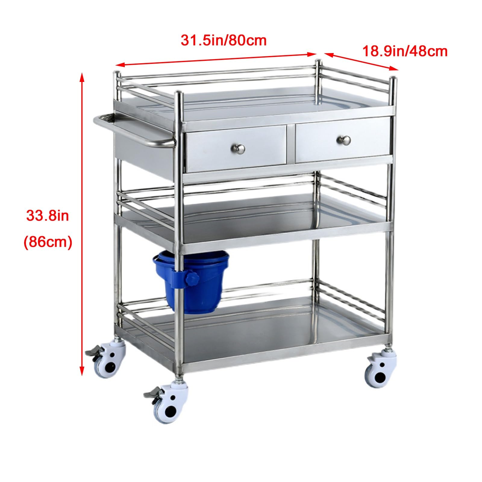 Lab Utility Cart, 440 Lbs Weight Capacity Rolling Lab Cart, 2 Drawers Rolling Lab Cart Serving Cart with 360° Casters for Laboratory Hospital Dental Office Salon Beauty, Double Layer-80 * 48 * 86cm