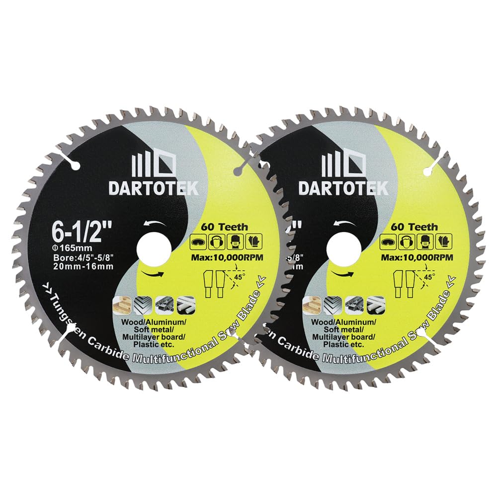 DARTOTEK TCT Carbide Saw Blade 60T Tipped Teeth Circular Multi Material Cutting Disc with 20/16mm Washer for Wood Aluminium Plastic 165mm 2pcs