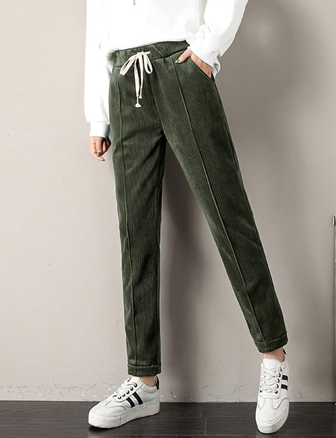 ZGZZ7 Women's Winter Warm Drawstring Straight Leg Thermal Corduroy Fleece Pants