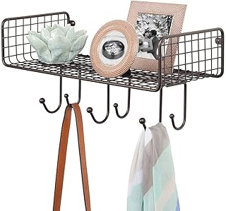 mDesign porte-courrier avec panier pour couloir et cuisine – porte-clés mural compacte avec un compartiment pour le courrier et six crochets – range-clefs en métal – couleur bronze