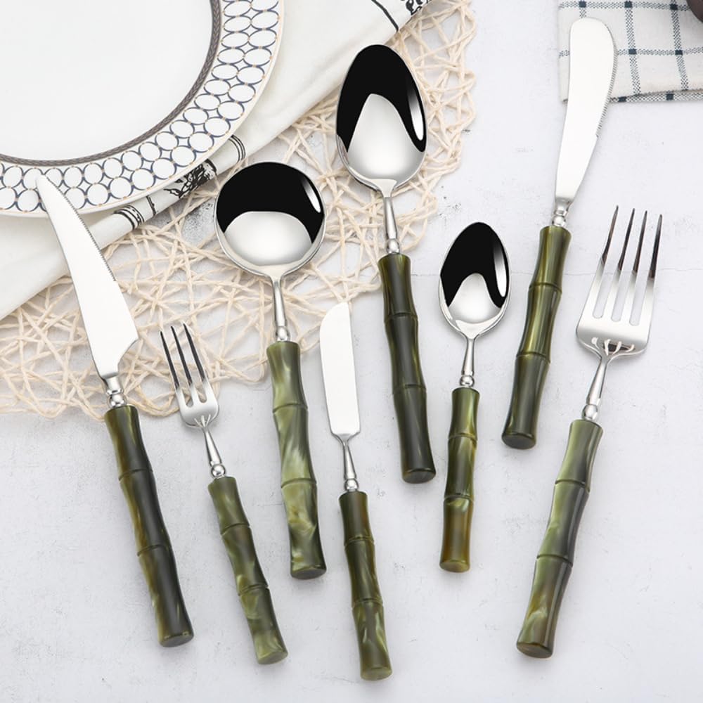 Acrylic Handle Kitchen Stainless Steel Silverware Tableware Flatware Cutlery Set Steak Knife Fork Spoon Teaspoon (Purple silver,7 pieces)