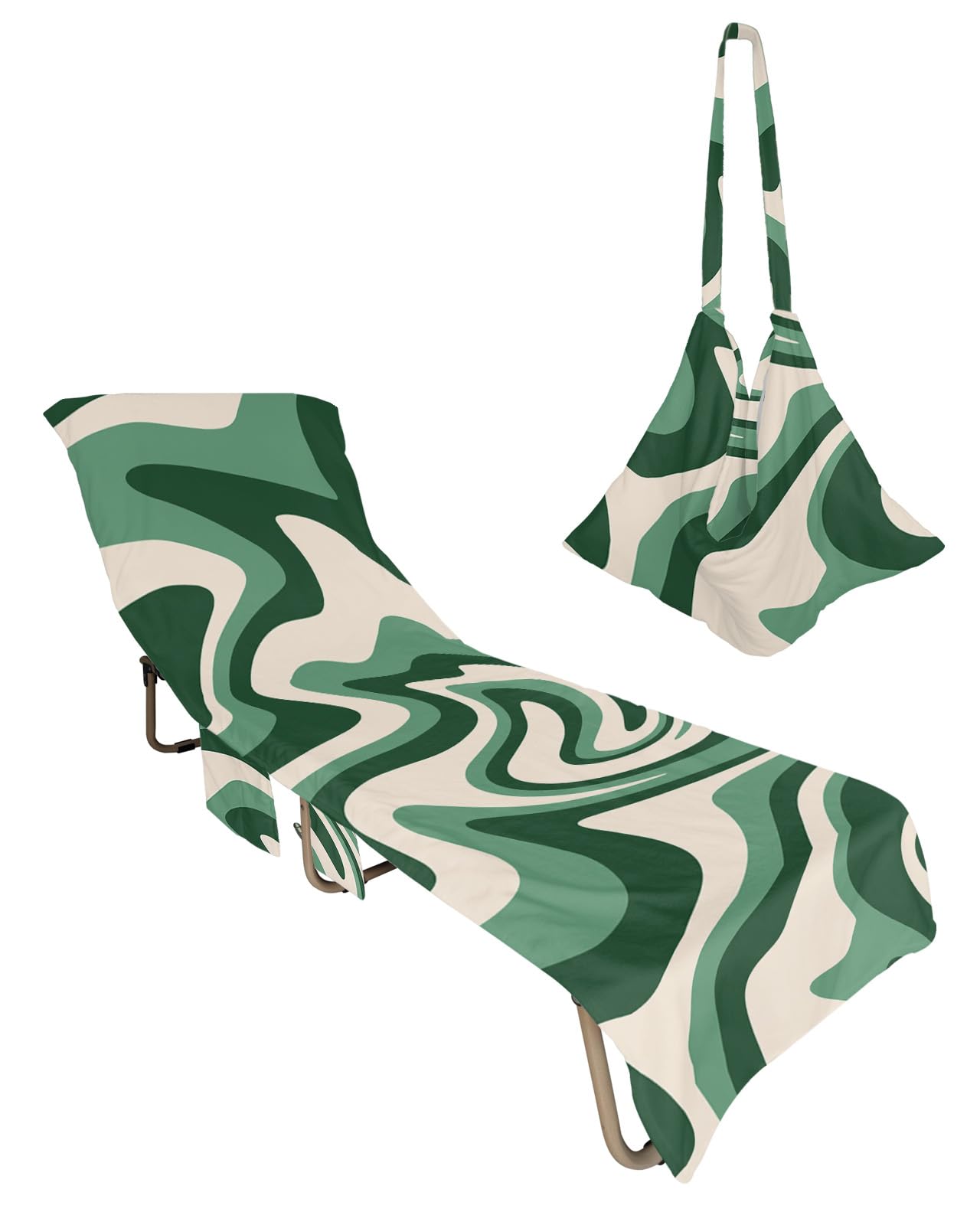 Green Beige Beach Lounge Chair Towel Cover, Soft Chaise Lounge Towel with Side Pockets Patio Pool Chairs Cover for Beach/Pool Sunbathing 29x85 Modern Moire Geometric Abstract Art