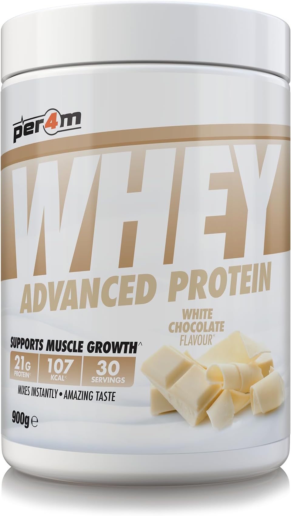 Per4m Protein Whey Powder | 30 Servings of High Protein Shake with Amino Acids | for Optimal Nutrition When Training | Low Sugar Gym Supplements (White Chocolate, 900g)