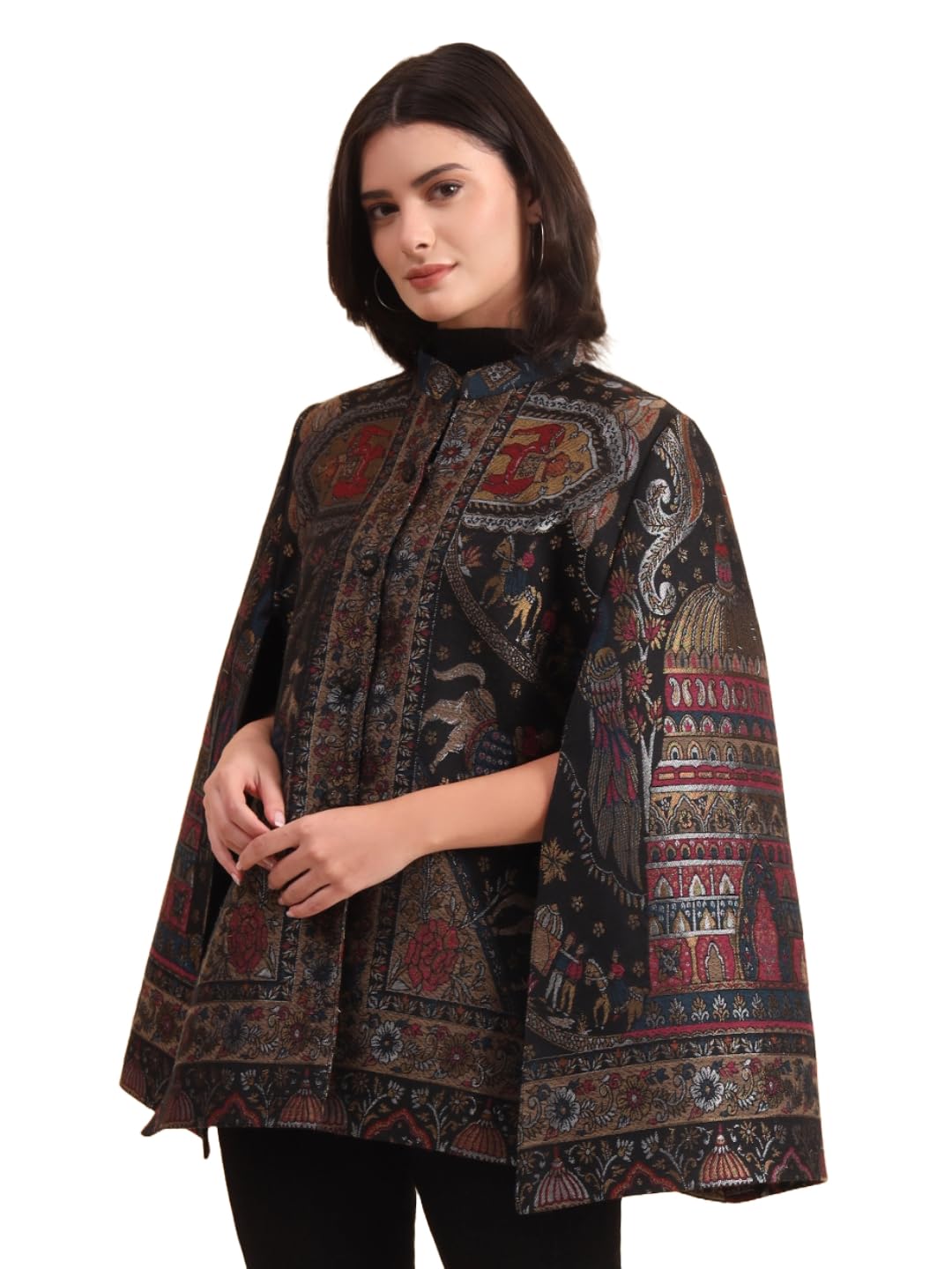 zamour Women's Woven Zari Darbar Royal Woollen Luxury Cape Jacket-picture-32