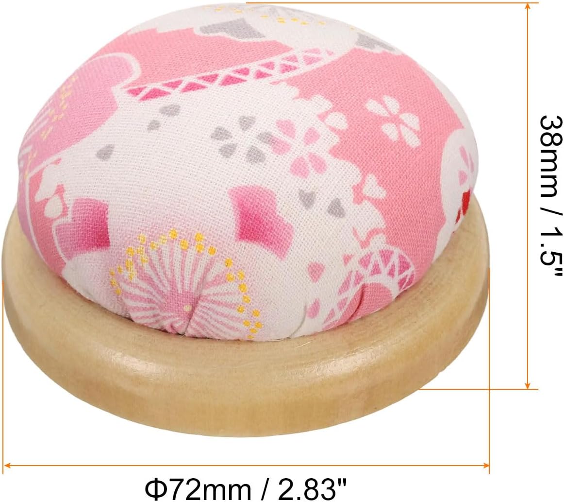 HARFINGTON Pin Cushion Wooden Base Japanese Style Round Pincushion Needle Holder for Sewing Quilting Needlework DIY Crafts, Pink Floral Style