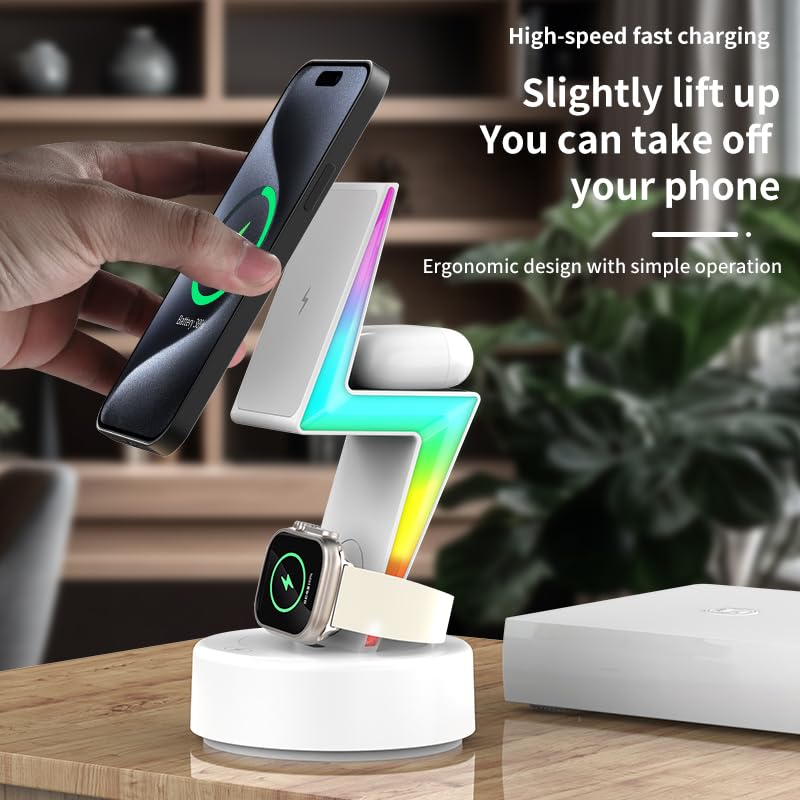 Magnetyczna ładowarka bezprzewodowa 3 w 1 uchwyt na stację ładującą dla IPhone Airpods do IWatch, szybkie ładowanie bazy do inteligentnego zegarka telefonu, światła RGB (czarny)