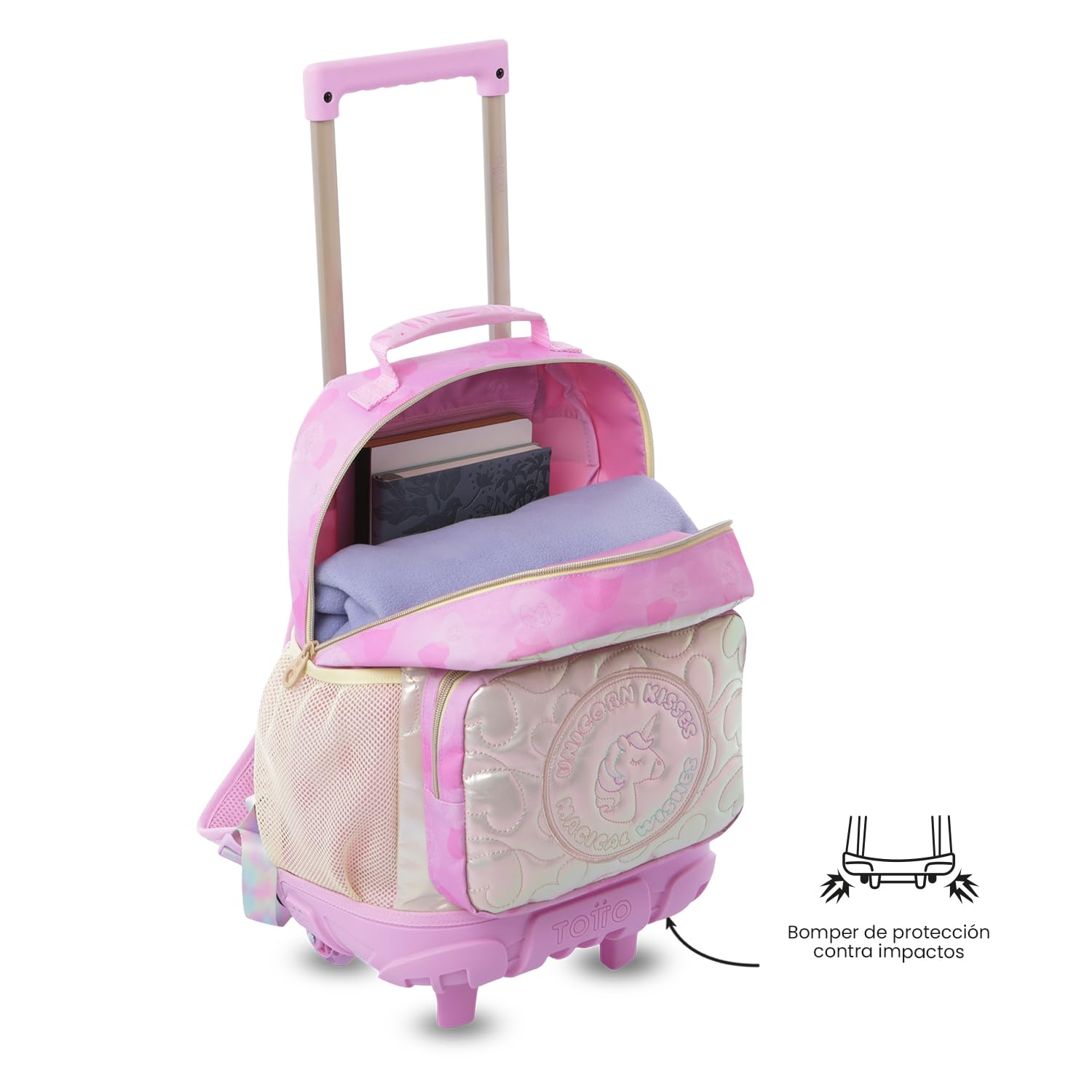 TOTTO - Mochila Escolar con Ruedas, Modelo Unicorn Kisses M, Mochila Mediana, Capacidad 23L, Bolsillos Botella, Compartimento Frontal, Protección en la Base, Correas Ajustables, Estampado Rosa