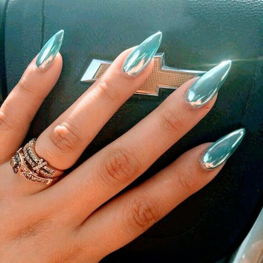 Metallic Teal Blue False Nails Almond, SXVME Chrome Press On Nails Medium, Glazed Shine Fake Nails with Mirror Effect - Image 2