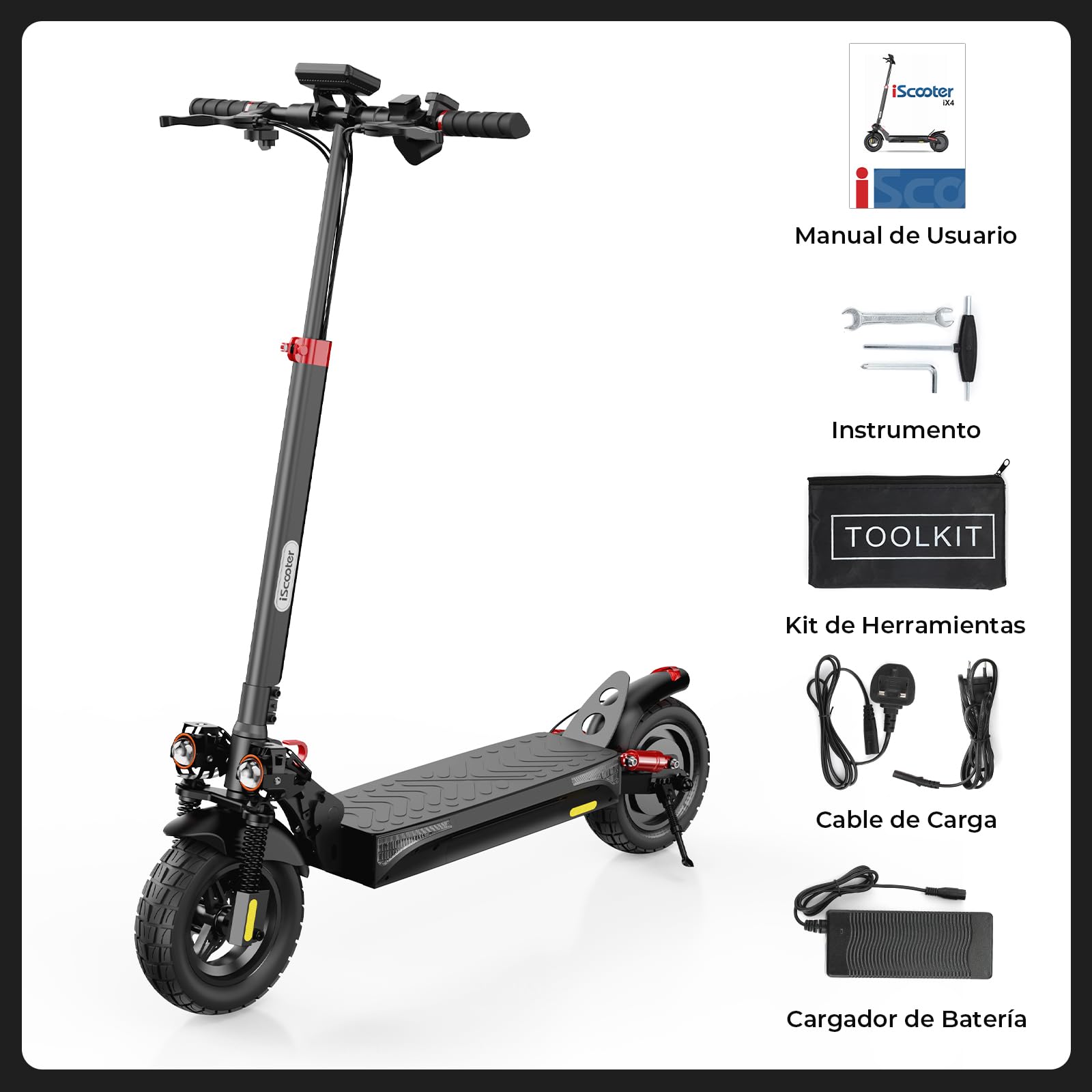 iScooter IX4 Patinete Eléctrico Adultos Todoterreno 10'', Batería de 48 V y 15 Ah, Autonomía Máxima 45 km, Diseño Plegable, Capacidad Máxima 150 kg, Cuádruple Amortiguación, App