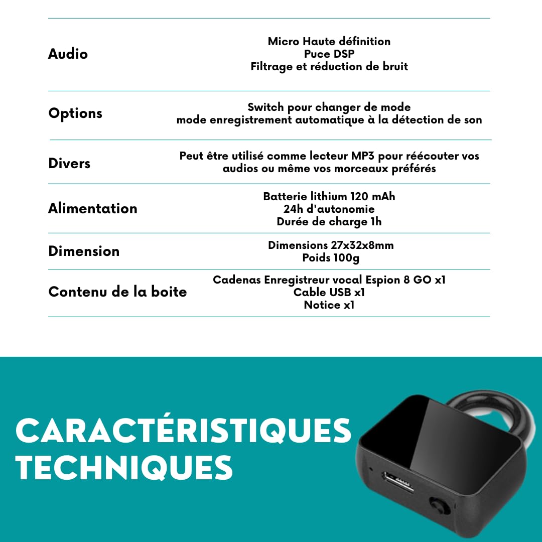 Cadenas Enregistreur Vocal Espion 8 GO