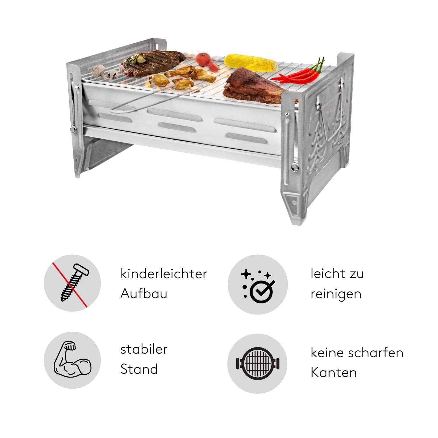 VENTON Grill kempingowy 26,8 x 40,2 x 19,8 cm (dł. x szer. x wys.), składany i mobilny mini grill, praktyczny grill podróżny ze zdejmowanym rusztem, stabilny składany grill ze stali nierdzewnej, przenośny grill outdoorowy