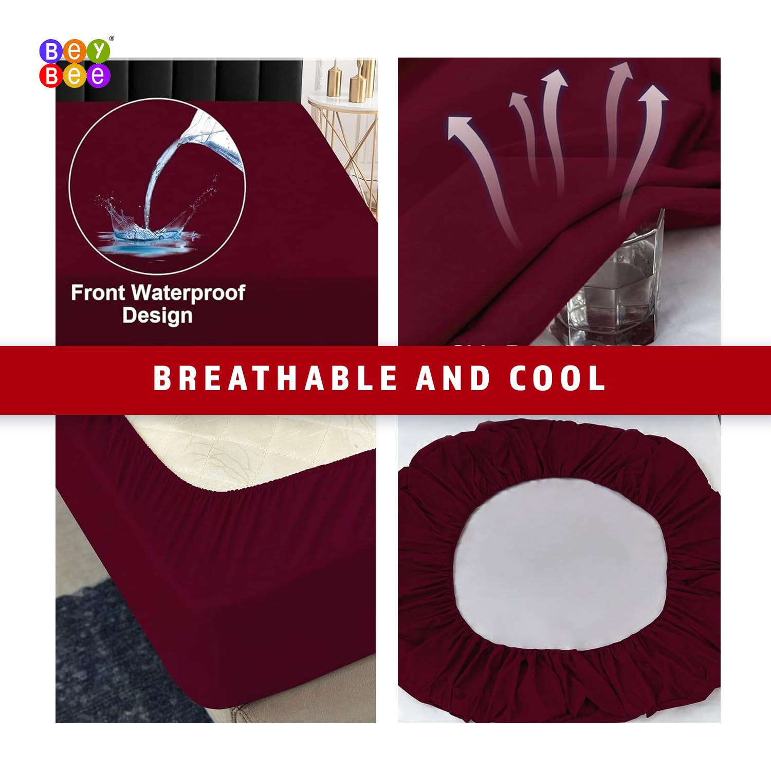 BeyBee 100% Waterproof Interlock Mattress Protector | Breathable, Hypoallergenic, Washable & 2X Absorbency | Soft & Slim Easy Elastic Fitted Bed Protector (Size-75 * 48, Maroon) - Image 4 thumbnail
