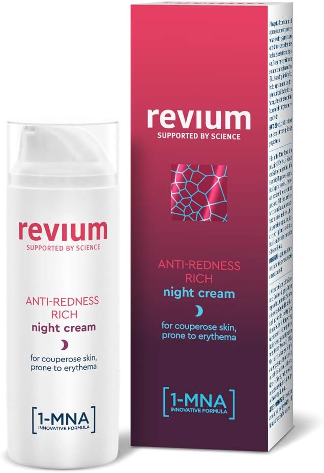 Revium Rosacea Anti-Redness Rich Night Cream for Coupreose Skin Prone to Erythema, with 1-MNA Molecule, Chlorella Vulgaris Green Algae Extract, Acerola Friut, Macadamia Oil, Shea Butter, 50ml