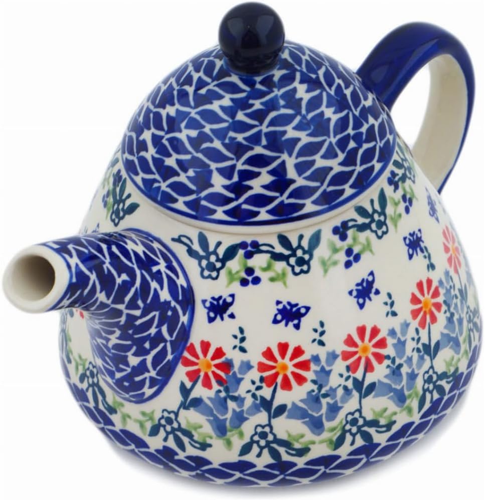 Polmedia Polish Pottery Tea or Coffee Pot - Last Summer Flowers Pattern Handmade in Boleslawiec Poland + Certificate of Authenticity