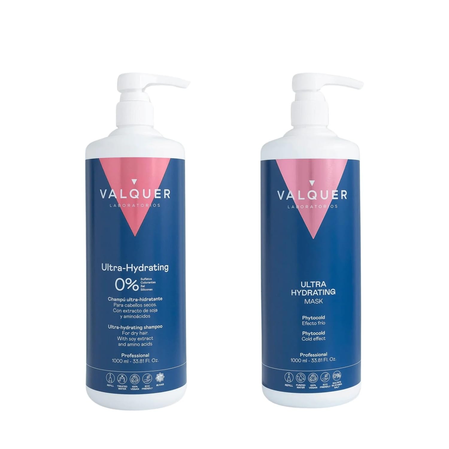 VALQUER Ultra-Hydratisierend Zero Pack | Shampoo 1 L und Cooling Effect Mask 975 ml | Repariert geschädigtes und trockenes Haar | Verleiht Glanz und Geschmeidigkeit mit Sojaextrakt | Vegan | Repariert geschädigtes und trockenes Haar | Verleiht Glanz und G