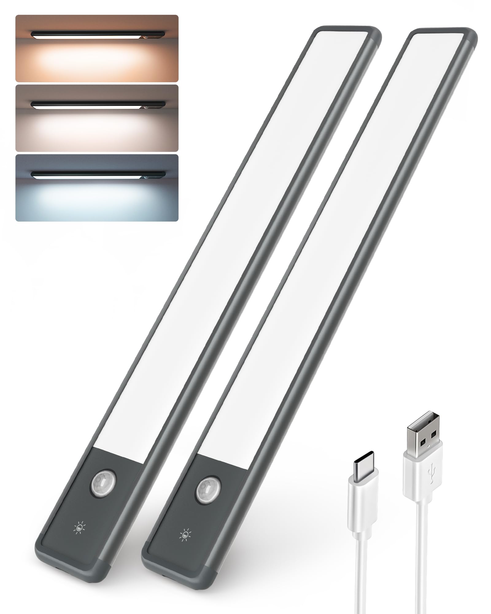 EZVALO Luci Armadio LED, [2 Pezzi] 5000k Luce Bianca Sensore Movimento con Ricarica USB, 52 LED 30cm Luci Camera da Letto con Striscia Magnetica Adesiva, Scale