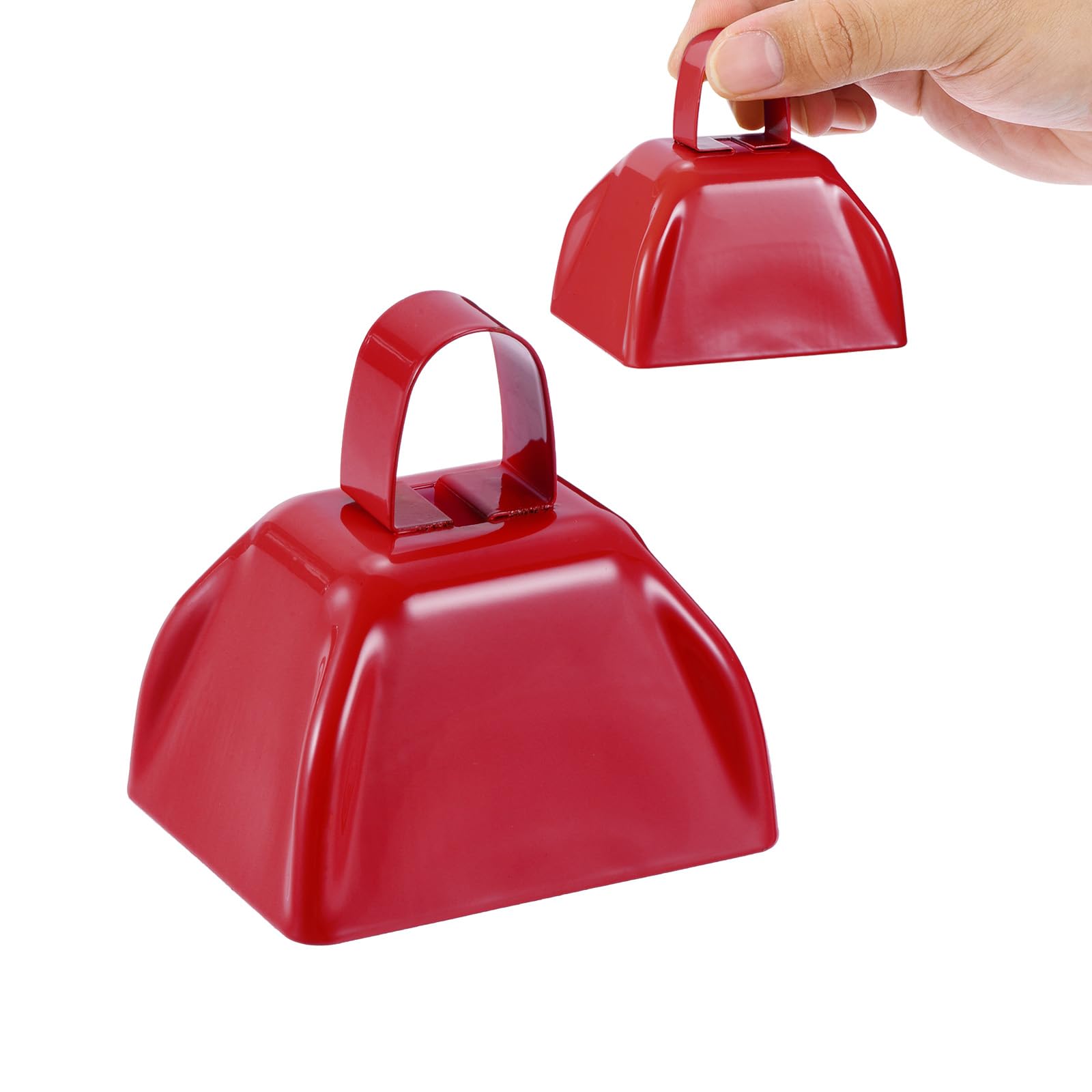 PATIKIL 2pcs Cow Bells for Football Games 3inch Cowbells for Sporting Events Bulk Loud Noise Makers Metal Cow Bell with Handle for Cheering Competition Marathon Wedding Red
