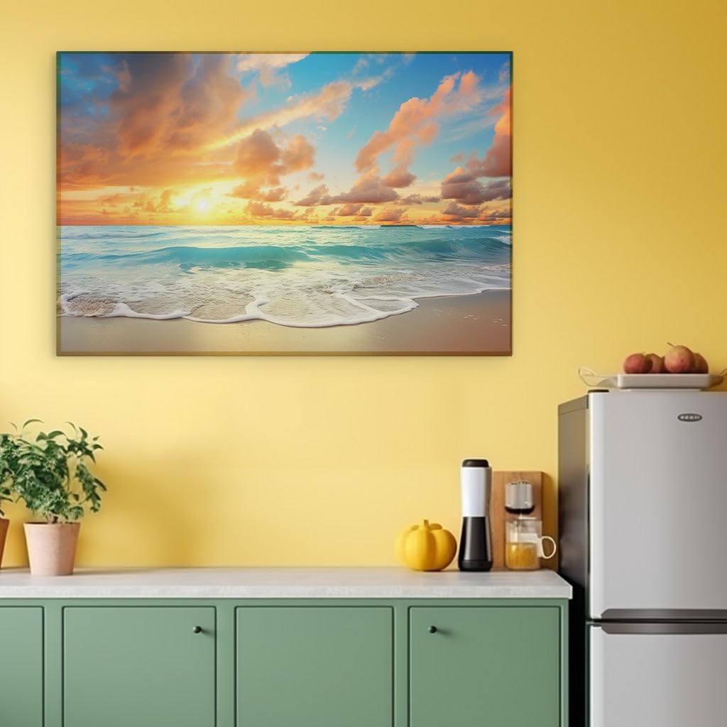 Canvas for Living room. Golden Sands and Painted Skies: Embracing the Serenity of Sunset Beach Tranquility, 27 x 18 inch Canvas Wall Art - Contemporary Masterpieces - Modern Home Decor