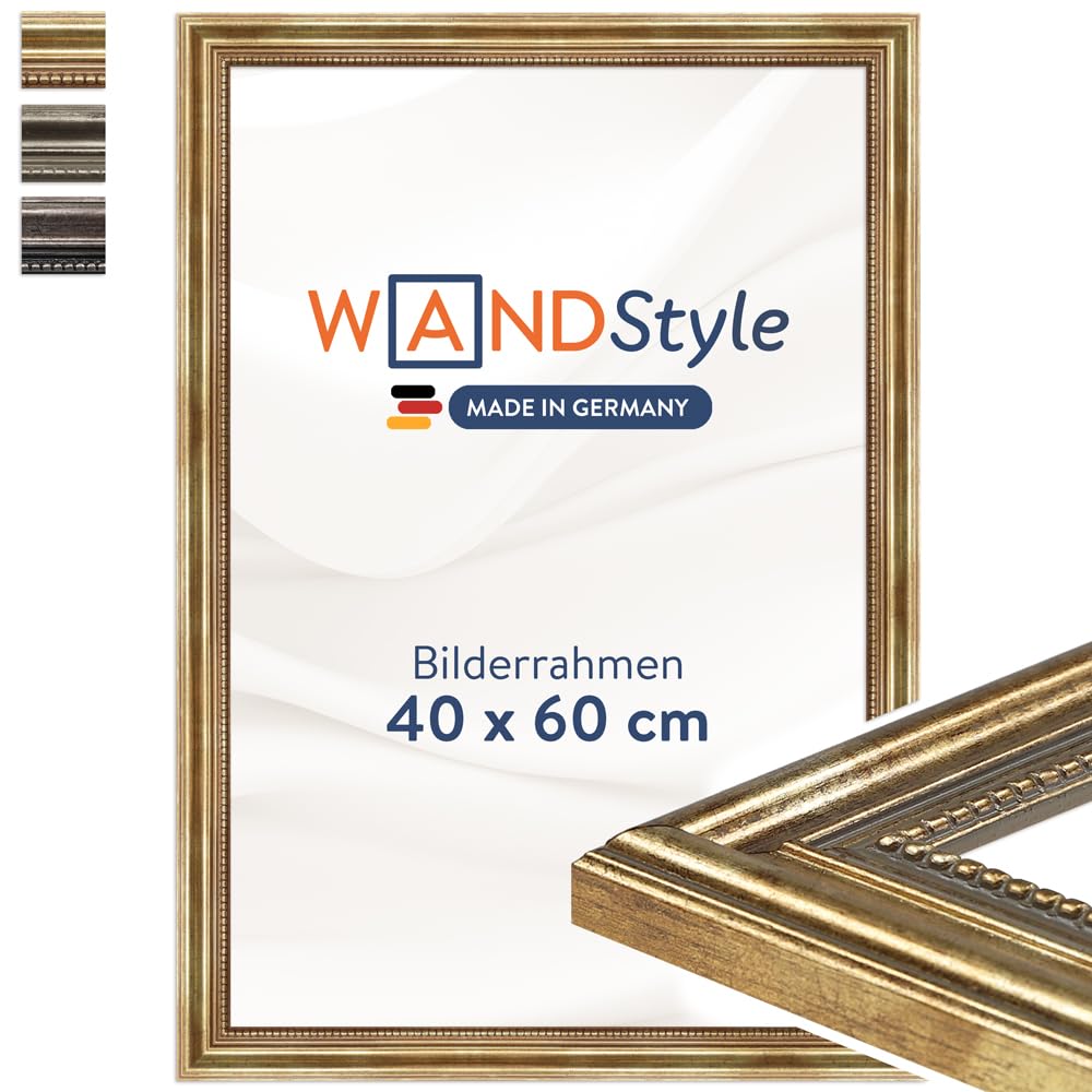 WANDStyle goldener Bilderrahmen 40x60 Holz, Bilderrahmen Gold Vintage | Hochwertiger Holzbilderrahmen Antik, Posterrahmen zum Aufhängen, Rahmen 60x40 cm, Fotorahmen H450 Made in Germany