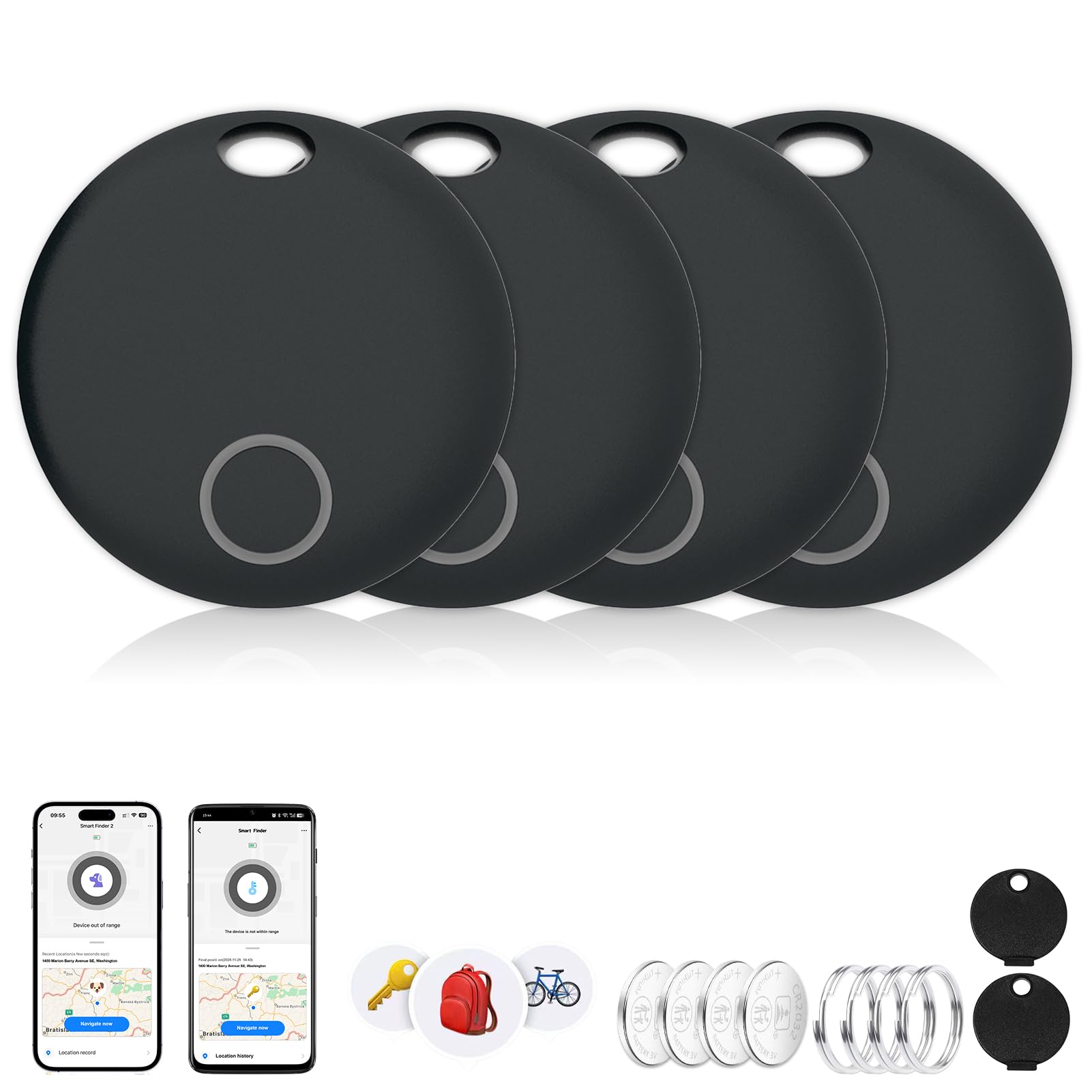 Air Tracker, Key Finder Compatible for Both iOS and Android, Bluetooth Smart Tag with Holder for Keys, Luggage, Suitcases, Pets, Dog Cat Collar, Worldwide Tracking Tag 4 Pack, Black-image-19
