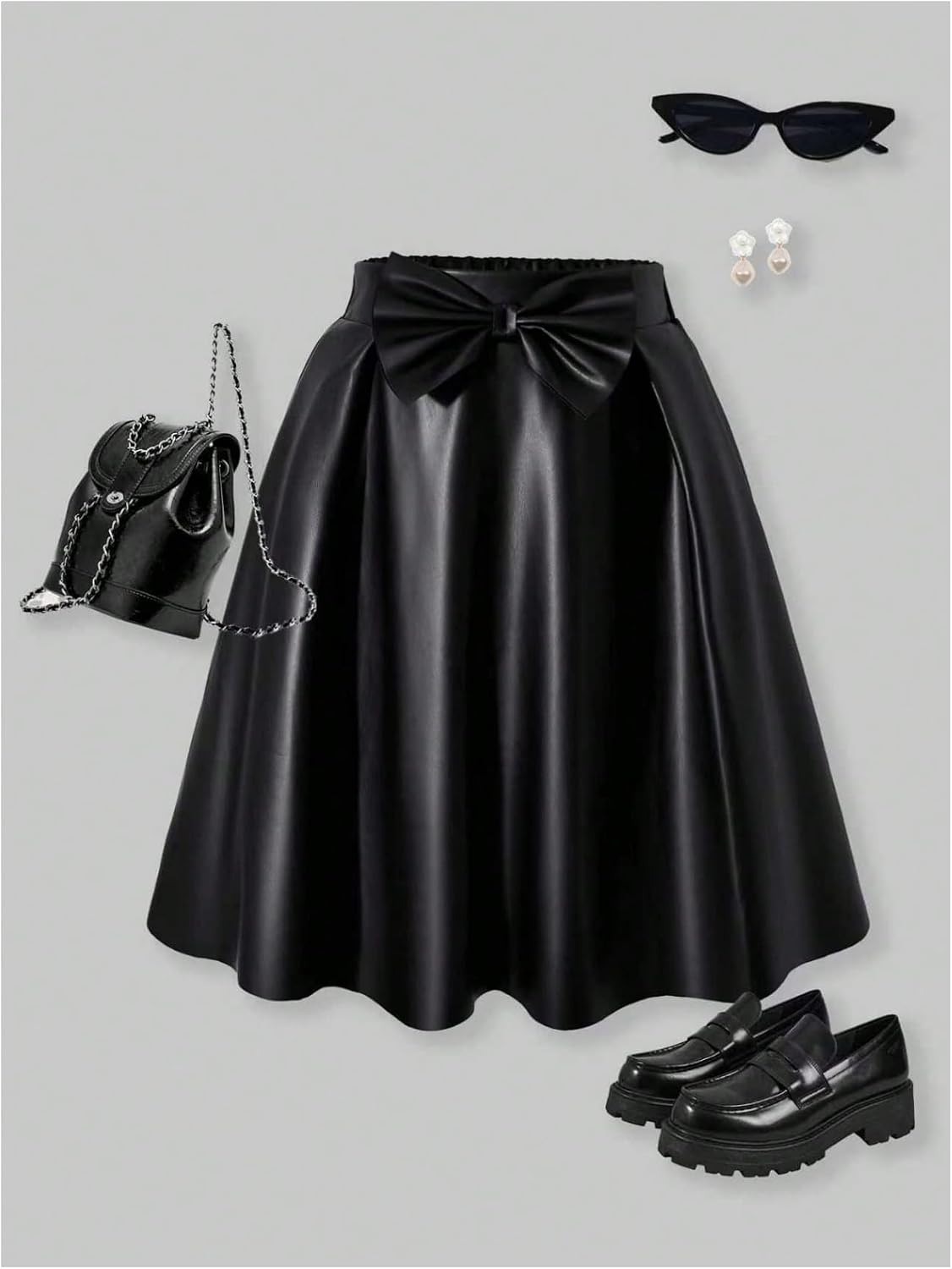 SweatyRocks Girl's Faux Leather Skirts Bow Elastic High Waisted Short Flared A Line Skirt