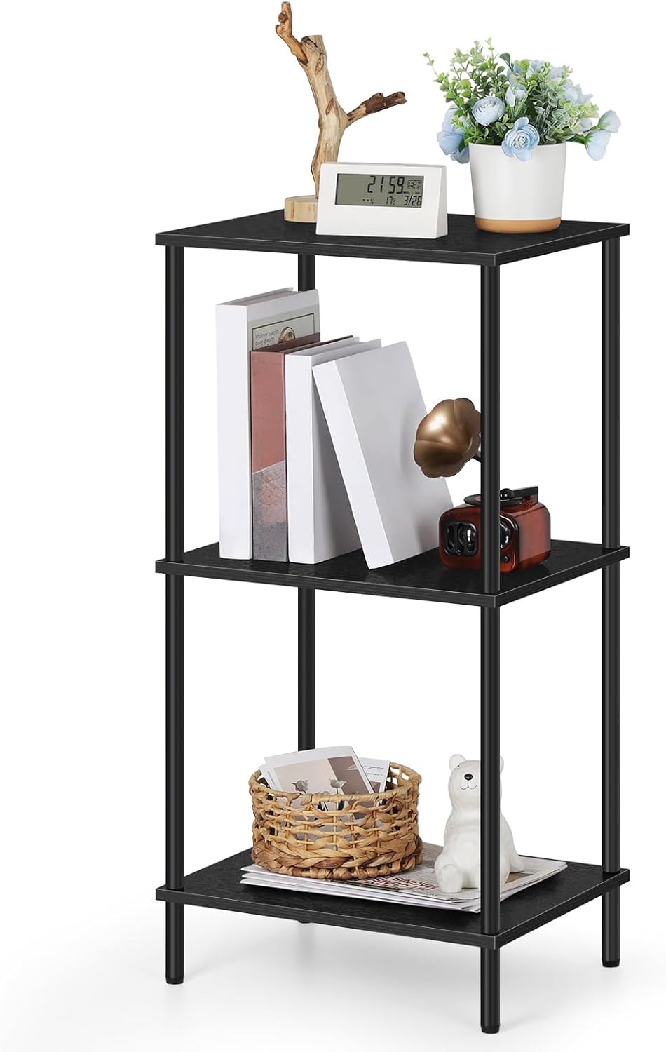 ETELI 3 Tier Tall End Table 31.6" Height Telephone Table Tall Side Table with Storage Small Sofa Entryway Table Night Stand with Metal Frame for Living Room Bedroom Bathroom Kitchen, Black