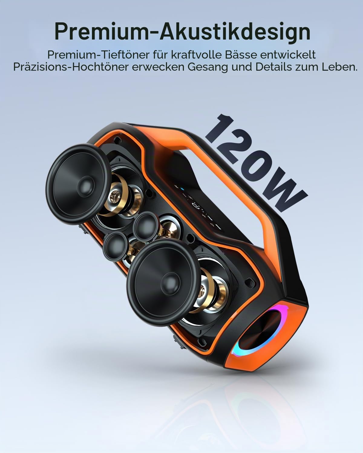 Bluetooth Lautsprecher Tragbare Musikbox Outdoor 120W Peak Bass Boost | 2x Subwoofer IP65 Wasserfester speaker 24h Akku Unterstützung DSP/TWS/AUX/TF/BT5.4, Geeignet für Partys,Strände,Camping
