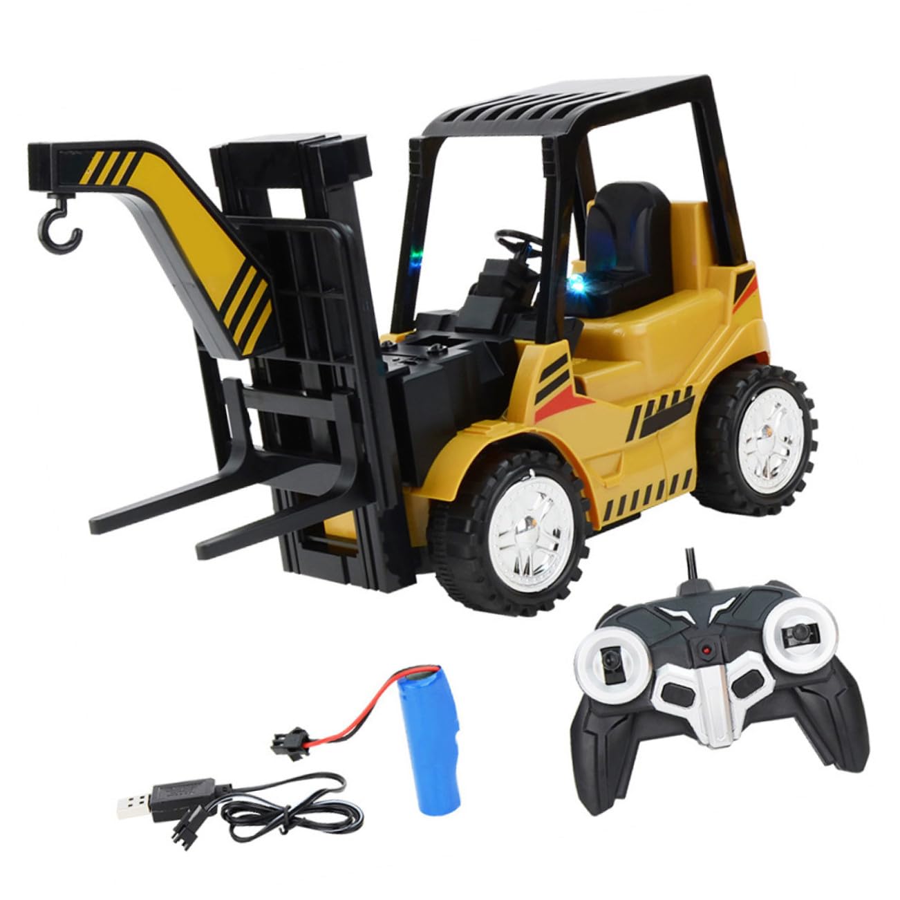 ORFOFE Carrello Elevatore Giocattolo Telecomandato Nero in Plastica Movimenti Agili e Braccio Sollevabile, Set Completo Batteria Ricaricabile per Bambini