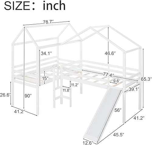 Miniatura 2 de TMEOSK Cama alta de madera de tamaño individual con techo tobogán y barandilla marco de cama de casa en forma de L para niños niñas adolescentes