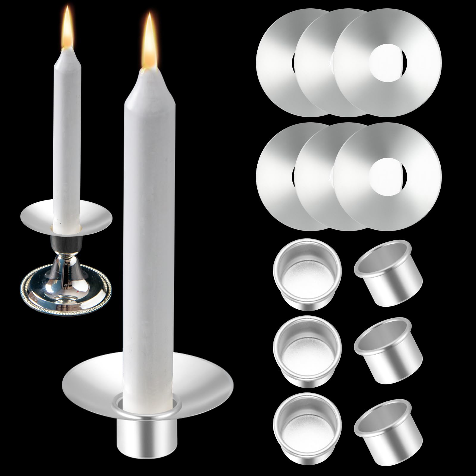 24 Pieces Metal Candlestick Bobeches with Silver Metal Candle Inserts and Round Candle Drip Catchers for Wedding, Holiday, Church and Home (5.7