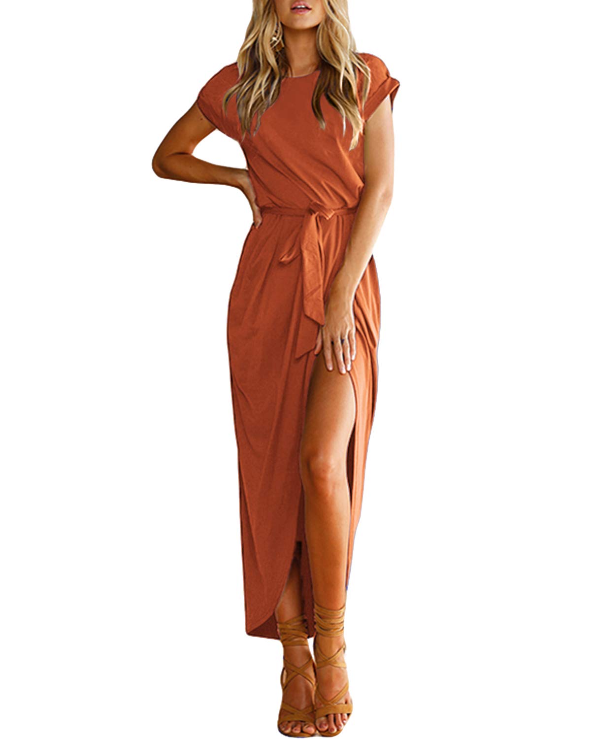 YOINS Damen Kleider Strandkleid Sommerkleid Strickkleider für Damen Maxikleid Abendkleid Jerseykleider Weihnachtskleid Rundhals mit Gürtel
