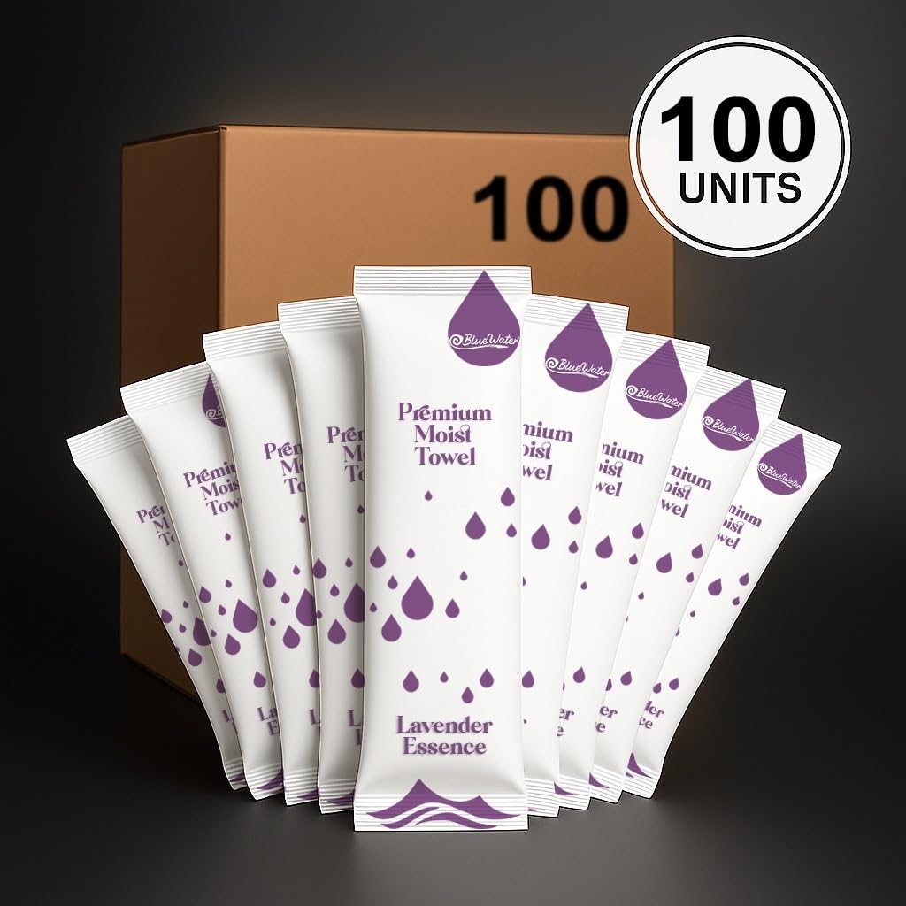 BlueWater (100-Pack) Individually Wrapped Moist Pre-Scented Towels - Single-use Premium Hot/Cold Towels (White-Packaging, 12x12in., Lavender Essence)