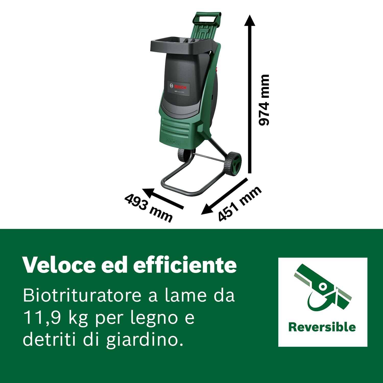 Bosch Trituratore AXT Rapid 2000 (per triturare efficacemente i rifiuti del giardino; potente motore da 2000 W)