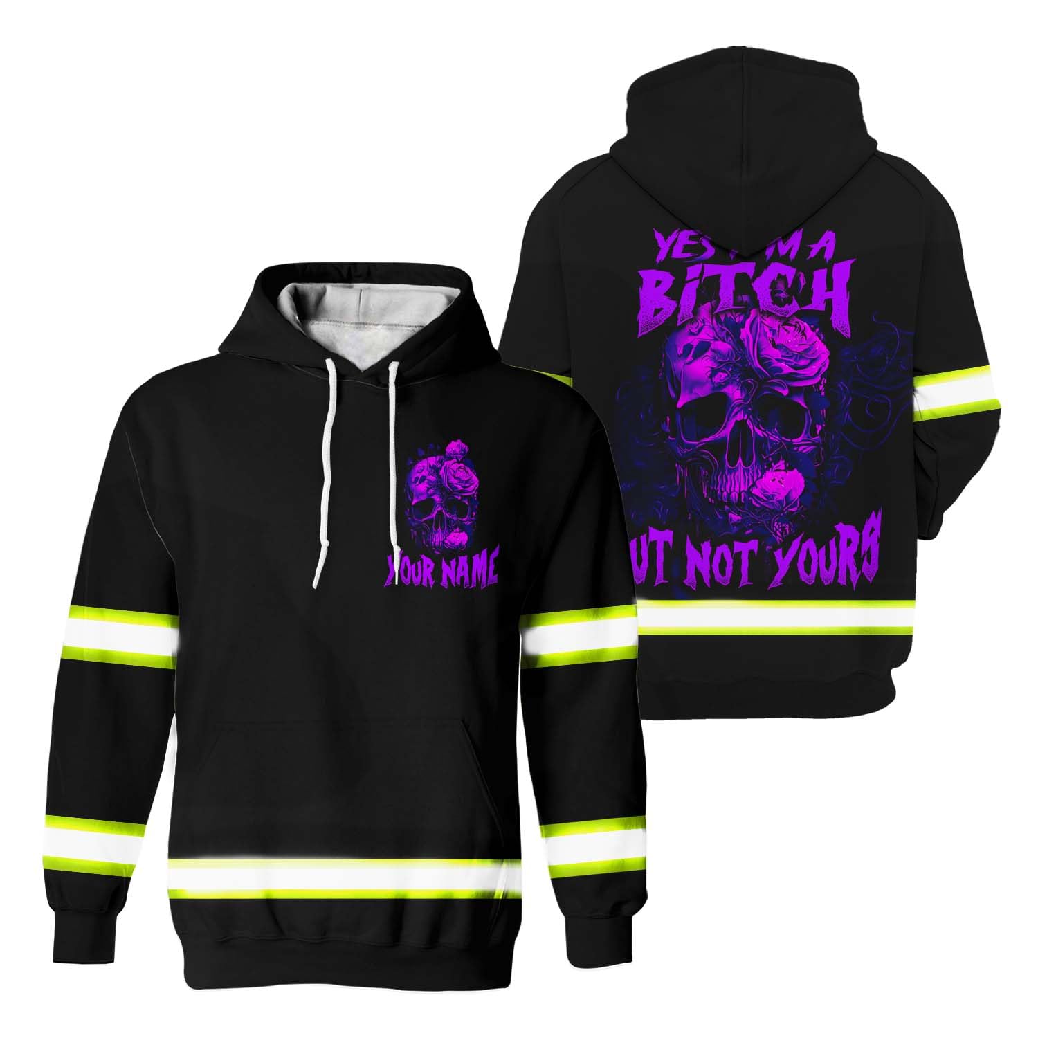 Maddly Hi Vis Hoodie Reflective Skull with Butterflies Flowers Violet Neon Custom Name Safety Workwear for Women, Workers, Operator, Skull Lovers, Runners-2XL