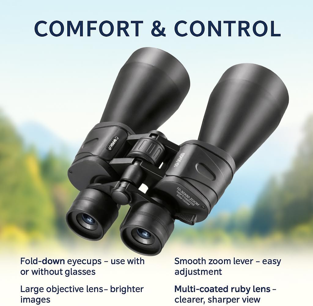 Barska Gladiator Zoom Binoculars showing fold-down eyecups, smooth zoom lever, and multi-coated ruby lens features