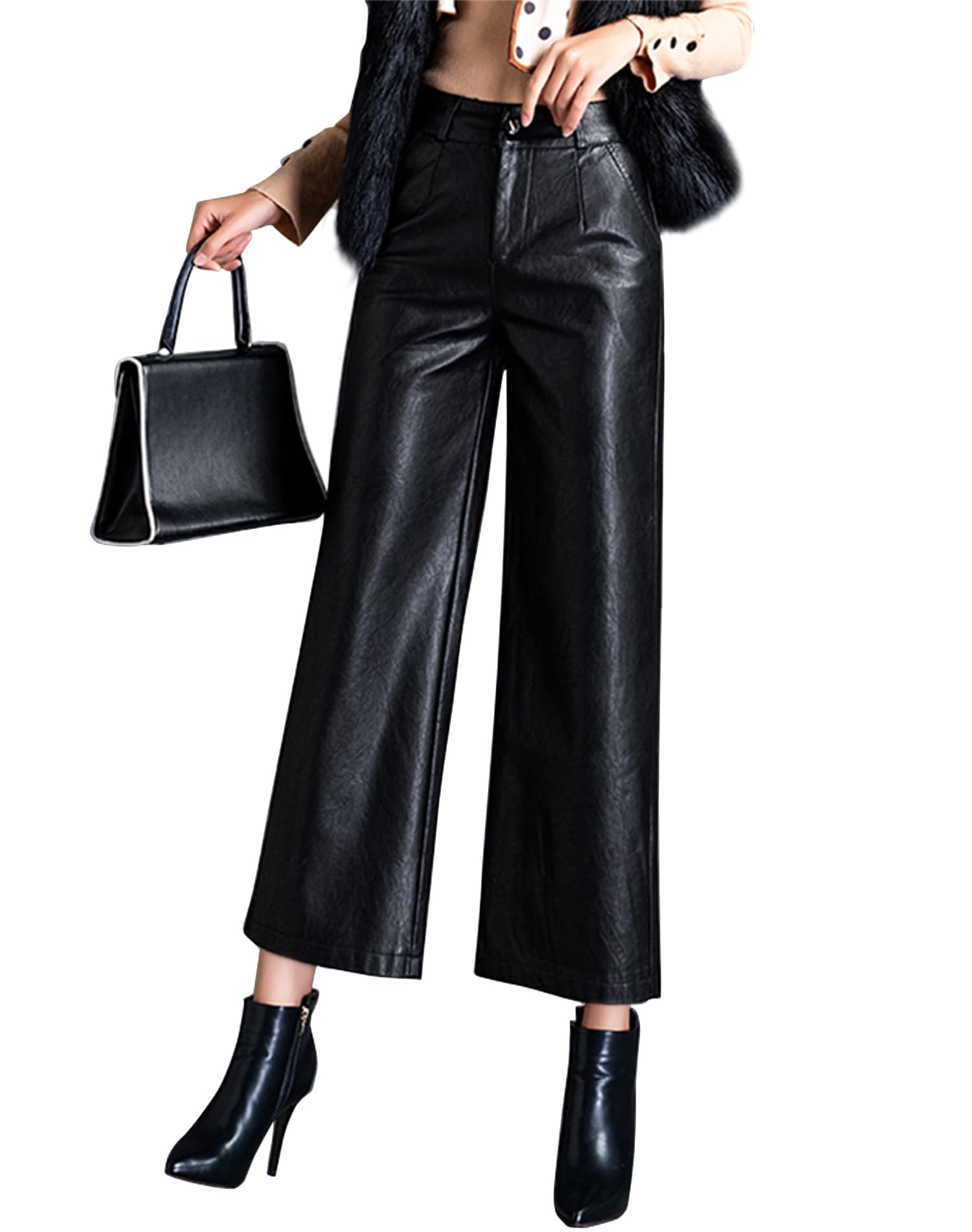 Womens Wide Leg Faux Leather Pants High Waist PU Trousers Culottes