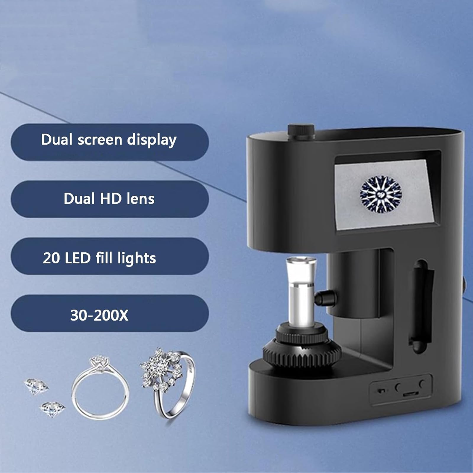 Diamond Girdle Viewer 30-200X con luce LED, display a doppio schermo, risoluzione 480x845 per un'identificazione e test accurati delle iscrizioni