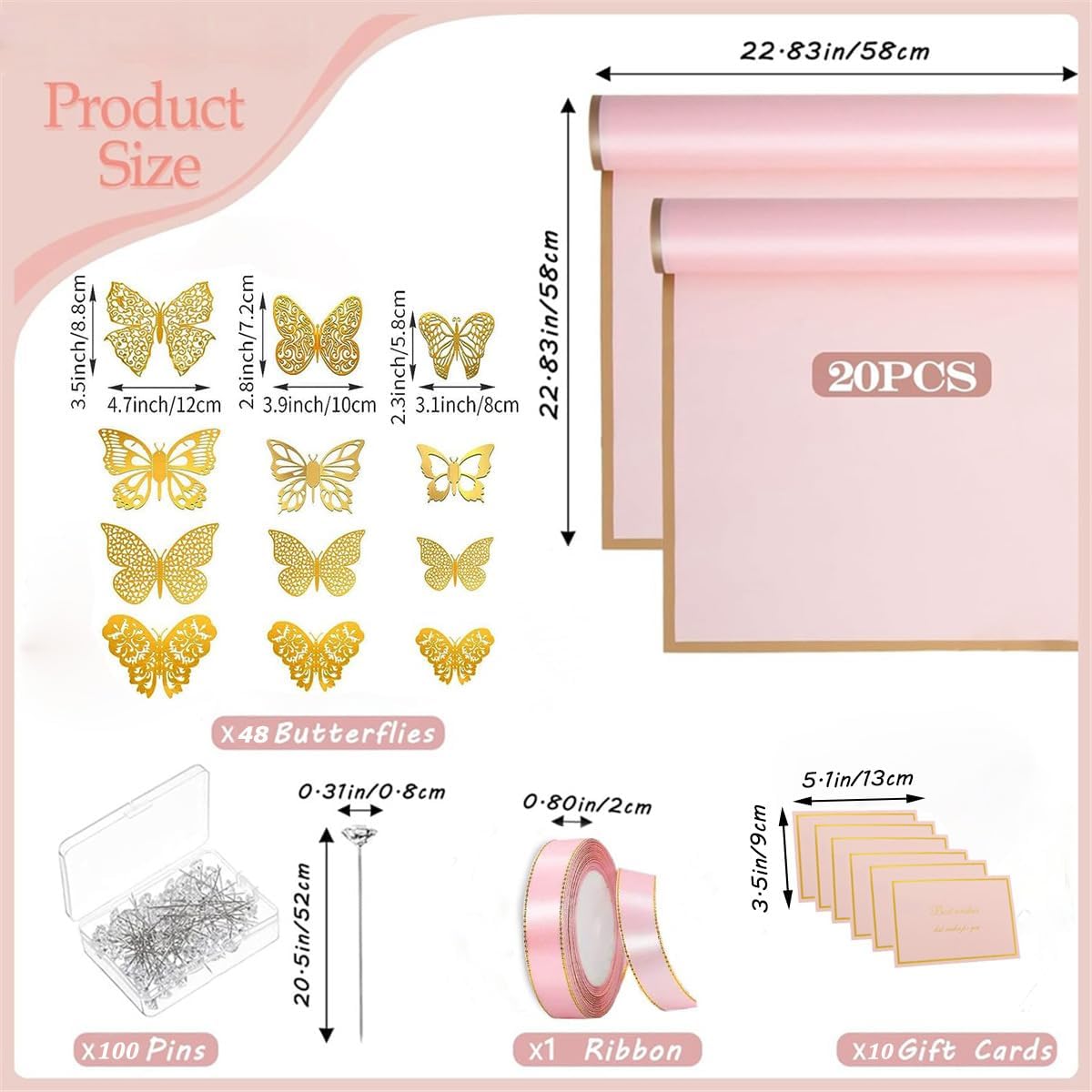 179Pcs Flower Wrapping Bouquet Paper Kit with 20 Sheets Pink Floral Wrapping Paper, 100 Pcs Diamond Bouquet Pins, 48Pcs 3D Gold Butterflies ,1Roll Ribbon 10 Cards for Graduation Birthday Wedding DIY Craft