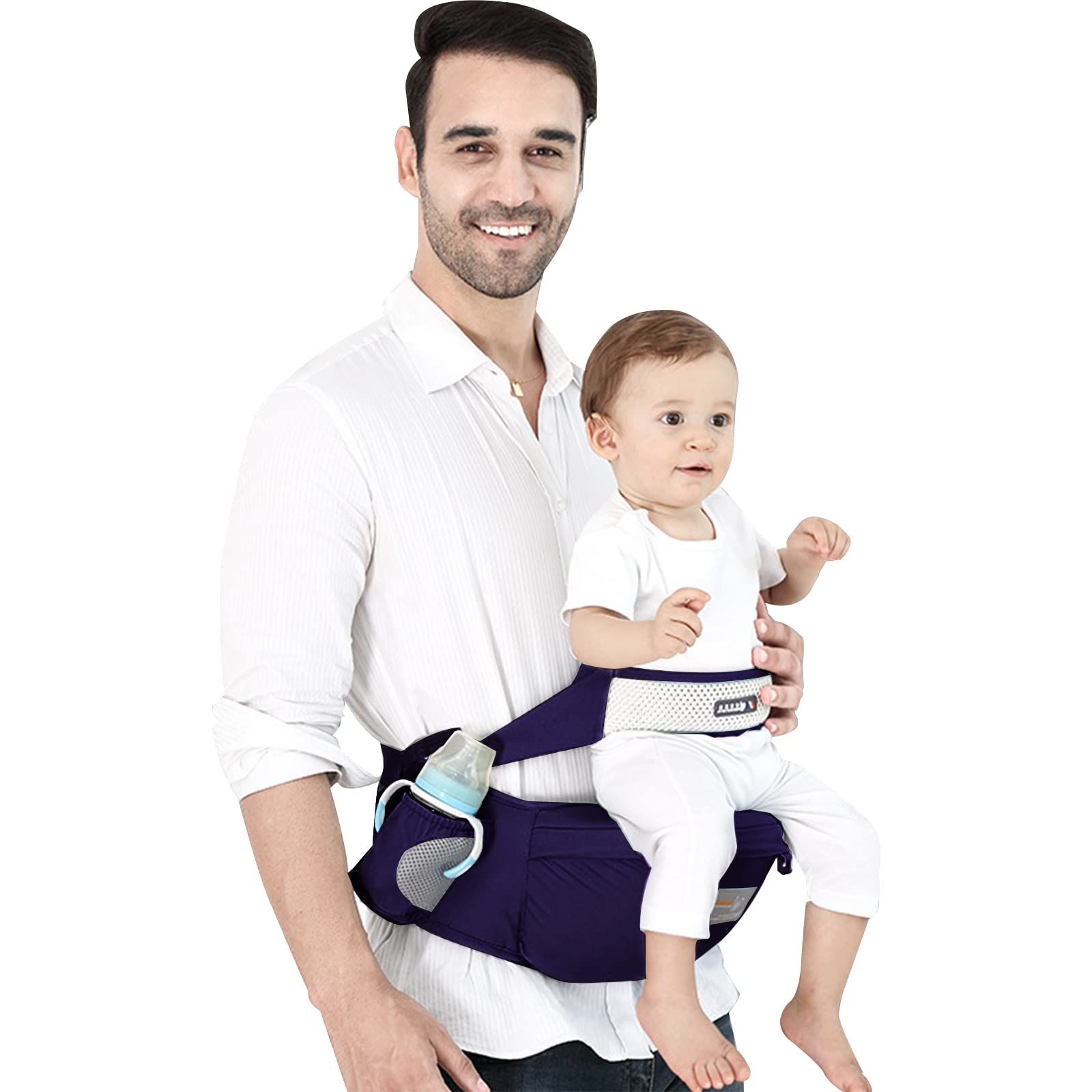 SONARIN Baby Hüftsitz,Ergonomischer Taille Hocker Baumwolle Babytrage Hipseat Hüfttrage mit Sicherheitsgurt & Einzelnem Schultergurt Multi-Position Bauchtragen für Neugeborenes Kinder(Dunkelblau)