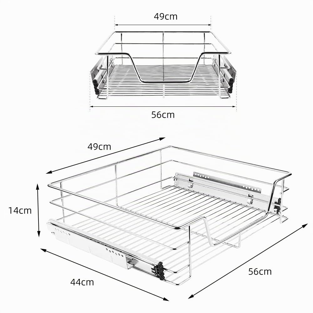 Supfine 2x Tiroirs Téléscopique de Cuisine, 56cm Panier Treillis Métallique pour Placard, Rails Inclus - Panier de Rangement Coulissant (56 cm)