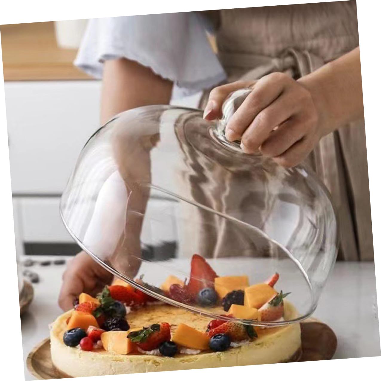 VANZACK Cloche à Dessert Plateau en Bois d'Acacia 25 CM Plateau de Service à Gâteau Couvercle en Verre Transparent Présentoir à Gâteaux pour Mariage et Buffet
