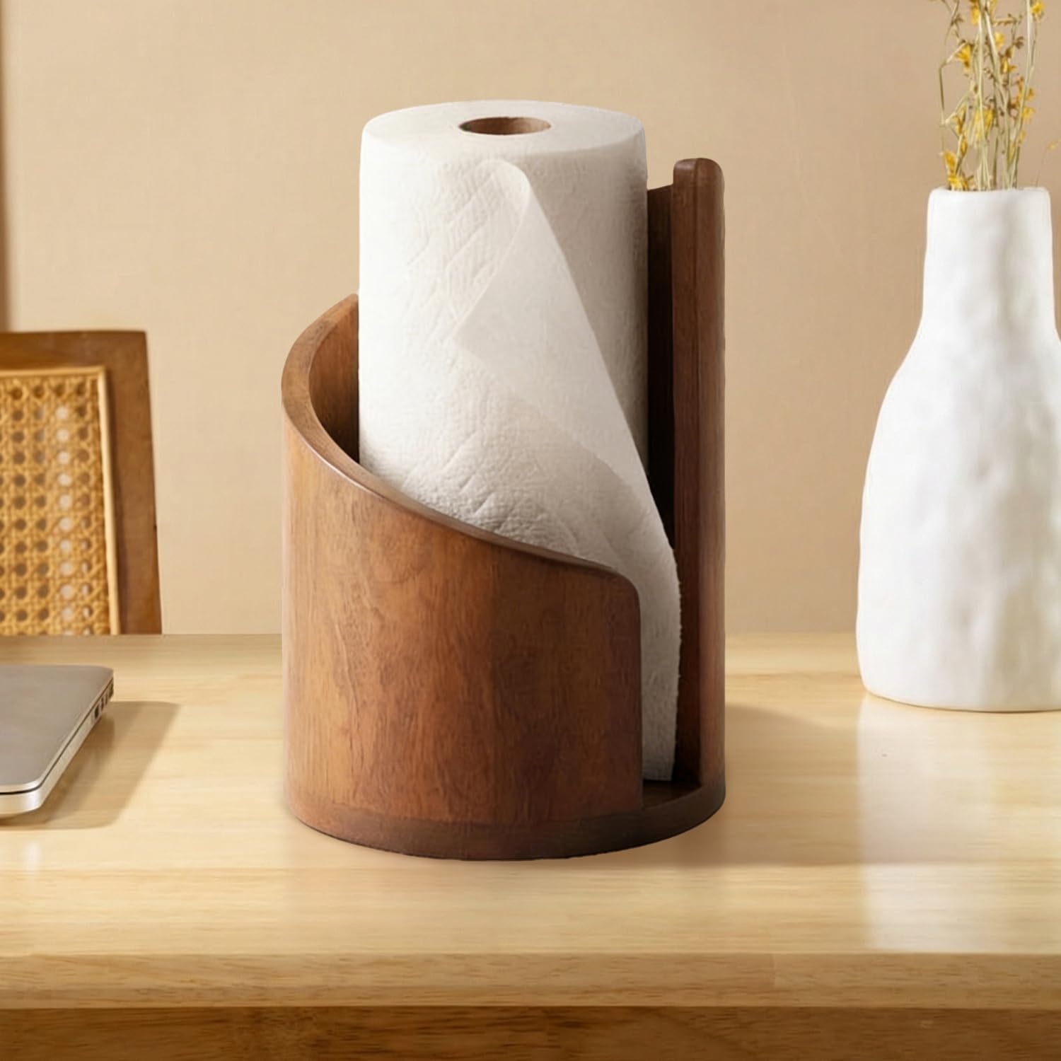 Wooden Paper Towel Holder Countertop with Mango Wood Round Base(Non-Slip Rubber Dots), Effortless Tearing, Modern Countertop Wood Paper Towel Holders for Living Room, Kitchen