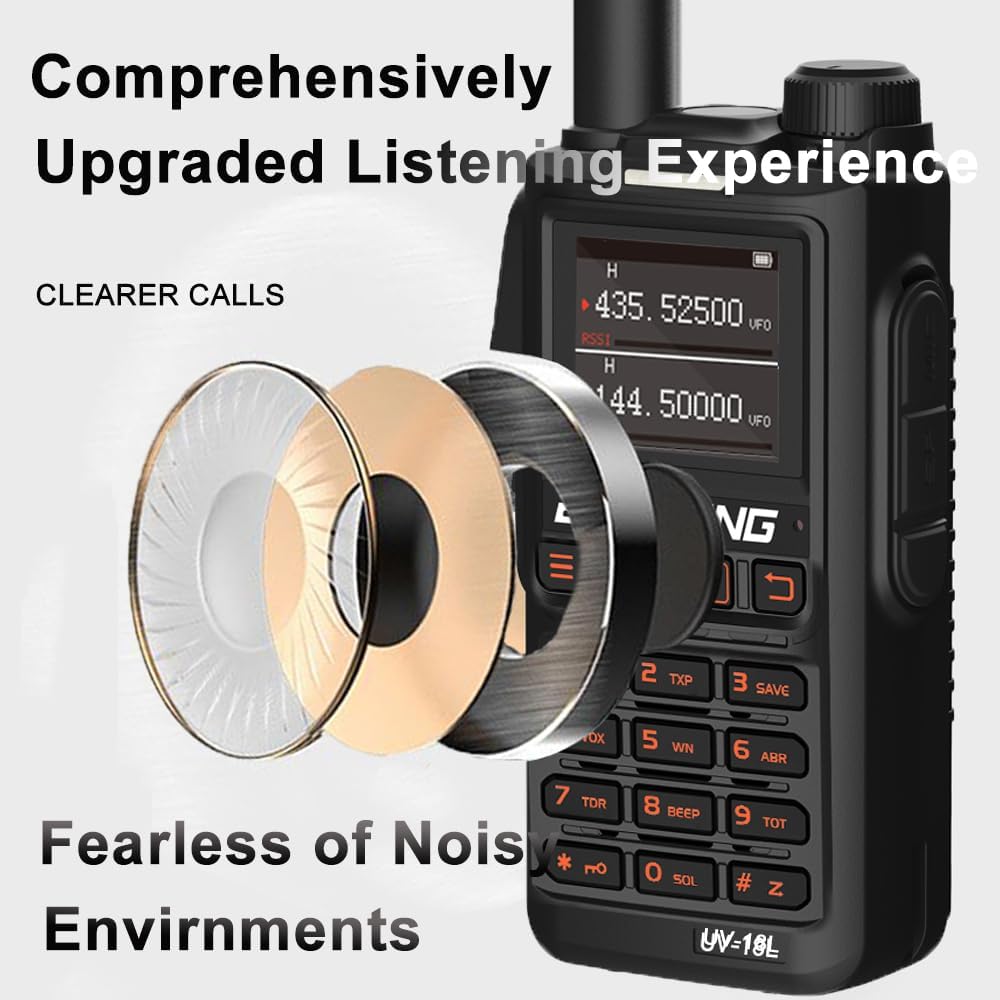 BAOFENG UV-18L showing upgraded listening experience with sound waves