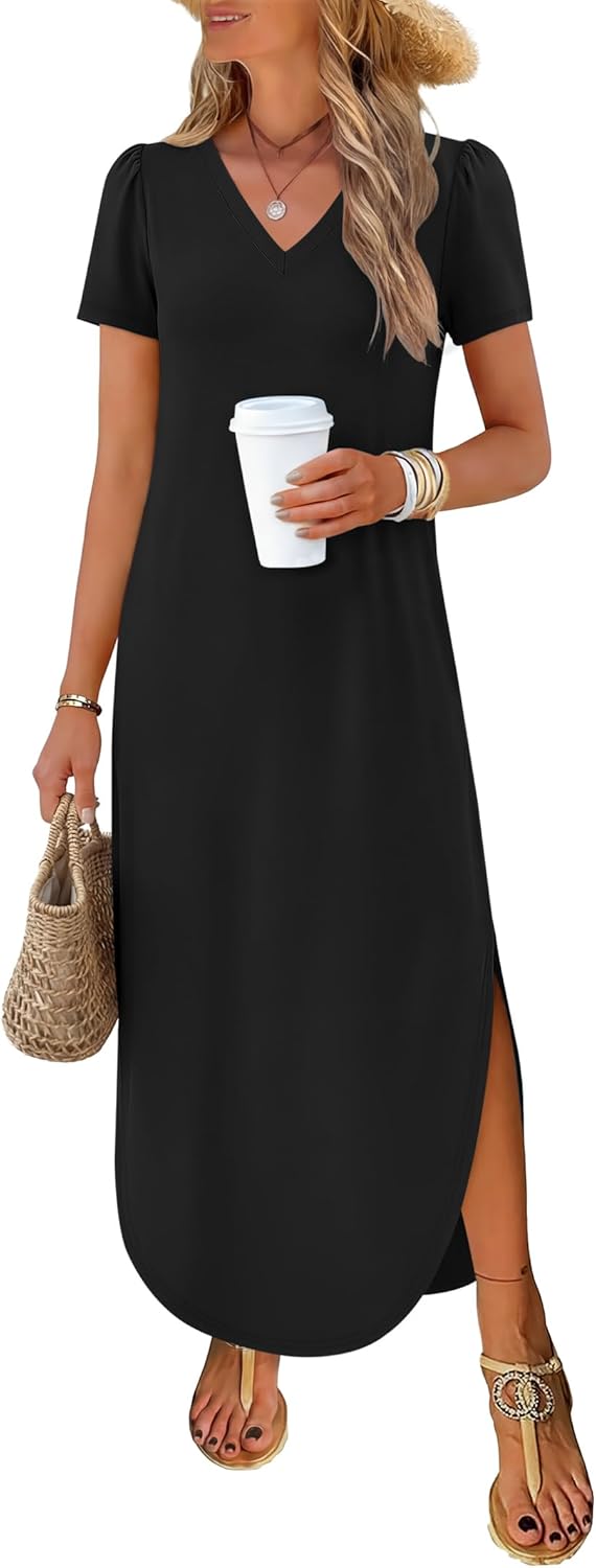 ANRABESS Womens Summer V Neck Short Sleeve Maxi Dresses 2026 Casual Floral Loose Fit Beach Vacation Shirt Dresss with Pockets