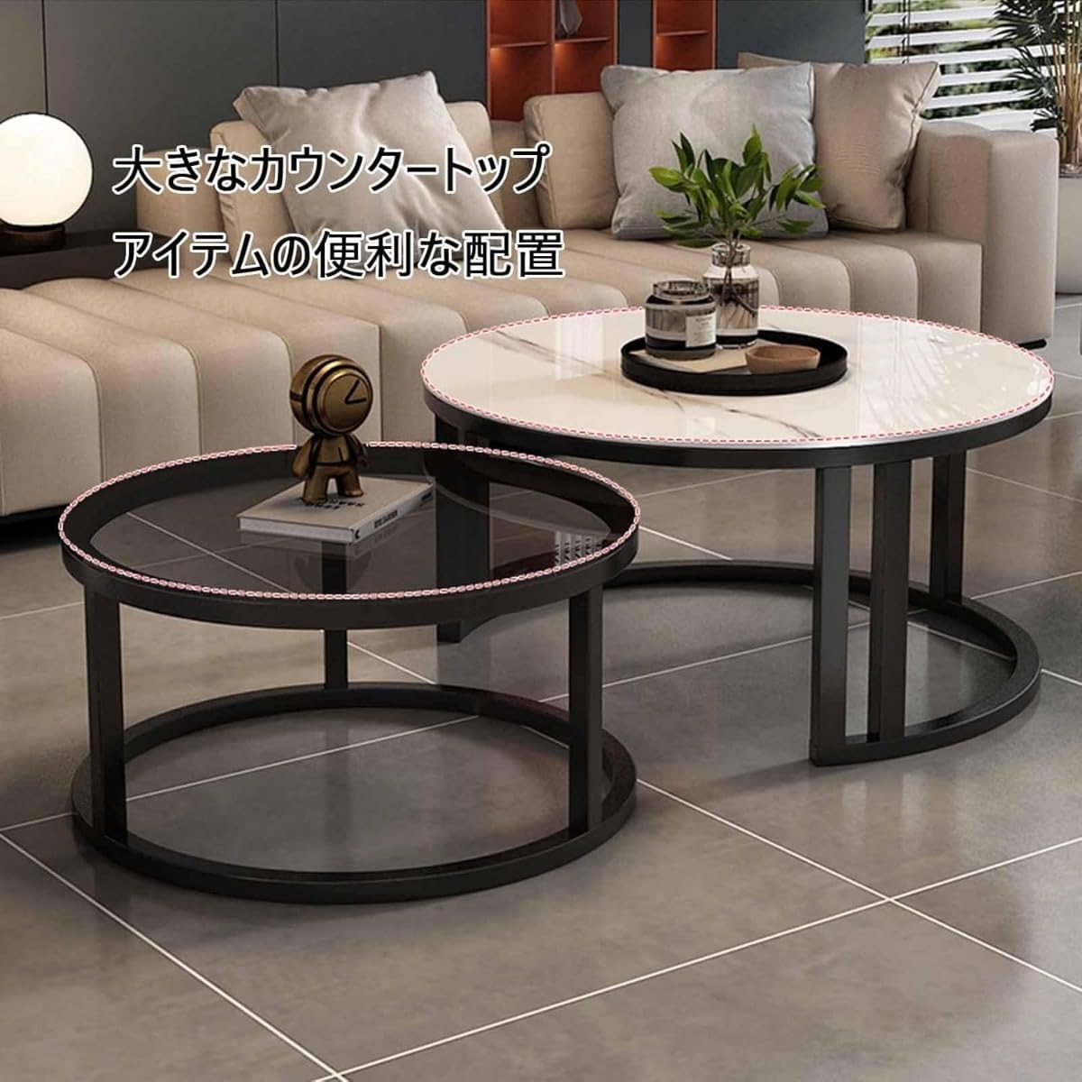 モダン長方形コーヒーテーブル 強化ガラス天板+MDF収納棚 リビング用